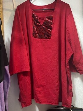 Catherines Red Tunic with Patterned V-Neck Yoke